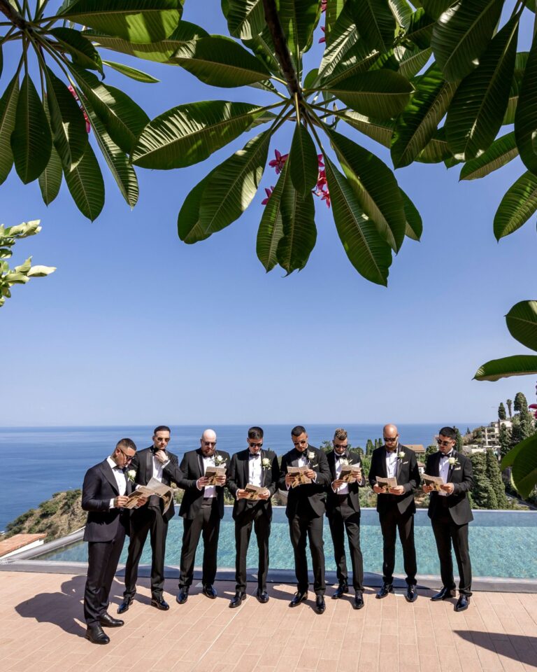 The groomsmen on the terrace by the infinity pool, Marco Ficili