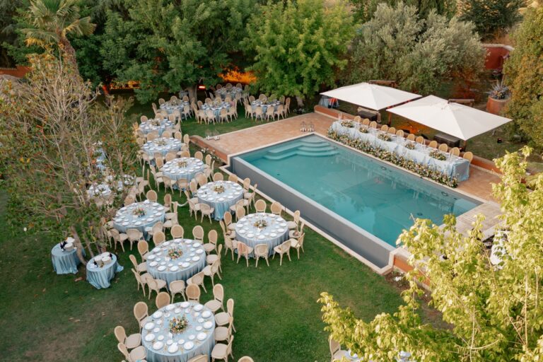 An aerial view of the garden reception beside the pool, Maria Luisa Rocchi Flowers