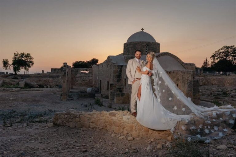 Couple at sunset beside an ancient church at Liopetro, Kouklia, Marry Me Cyprus