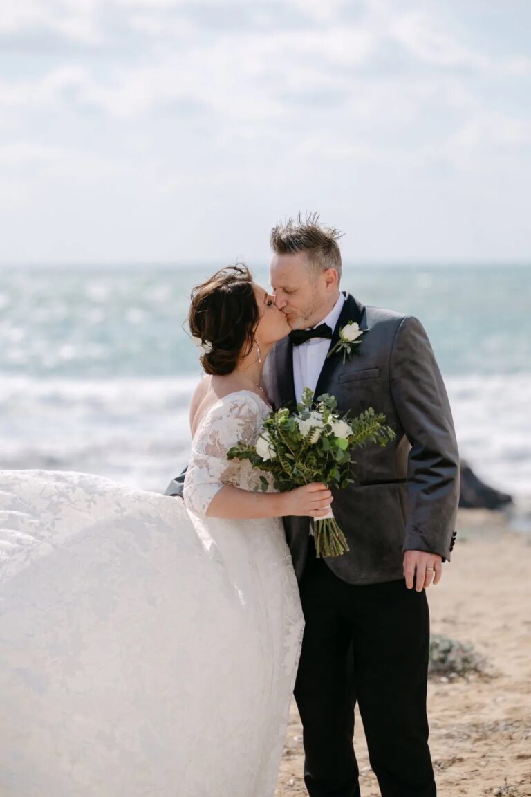 Elopement couple kissing on the shoreline, Paphos, Marry Me Cyprus