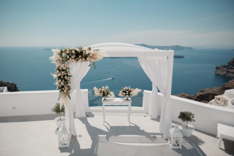 Flower-dressed canopy facing the caldera view, Marryme in Greece