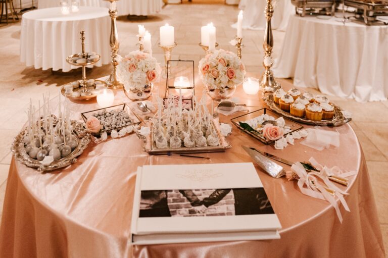 Reception table with candles, sweets and a guest book, Marryme in Greece