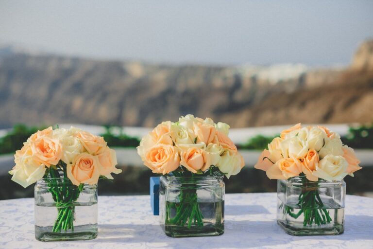 Vases of peach roses on a table with the caldera behind, Marryme in Greece