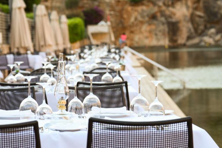 Long dining table beside the water, Marryme in Greece