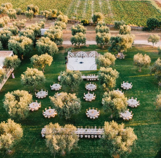 Round tables set out among trees on a lawn, seen from above, Masseria Don Luigi