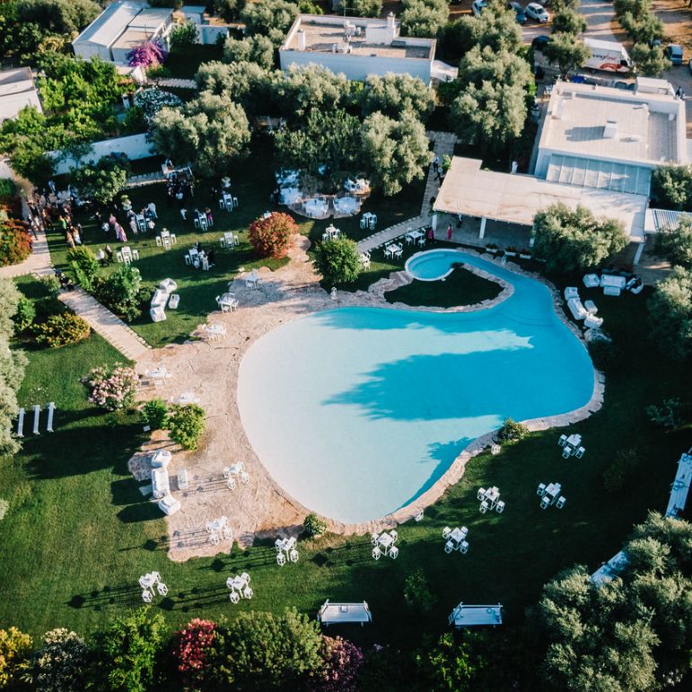 The pool, lawn and white buildings seen from above, Masseria Don Luigi
