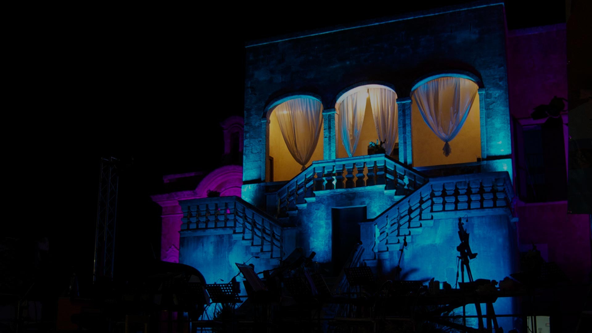 The masseria lit in blue at night, Masseria Spina Resort