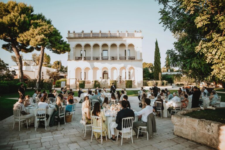 Wedding dinner in the courtyard in front of the main house, Mastropà