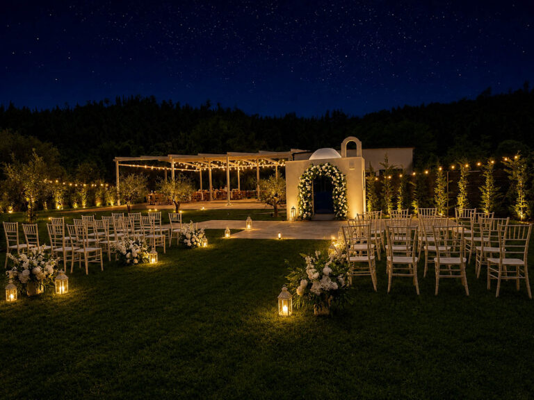 Lawn ceremony lit at night, Mazal Weddings