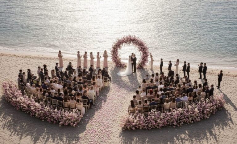 An aerial view of a beach ceremony, guests seated in curved rows around a floral arch, Mazal Weddings