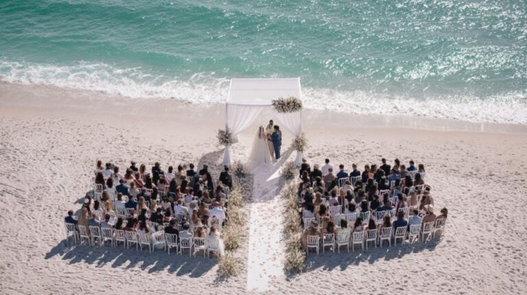 An aerial view of a beach ceremony with guests seated either side of the aisle, Mazal Weddings