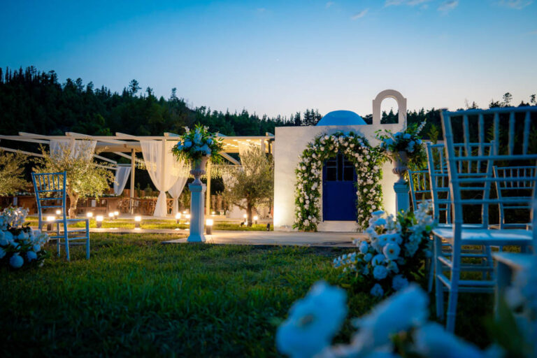 The chapel and lawn ceremony setting at dusk, Mazal Weddings