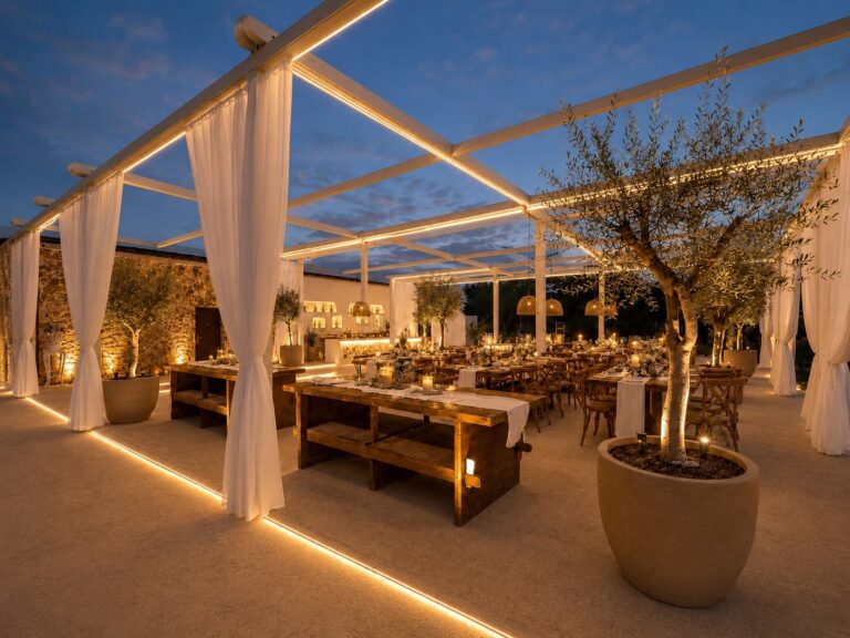 Covered reception area lit in the evening, Mazal Weddings