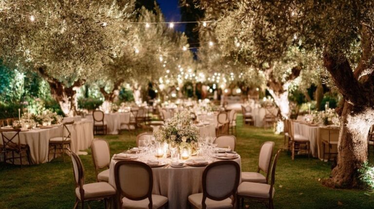 Round tables beneath olive trees hung with string lights, Mazal Weddings