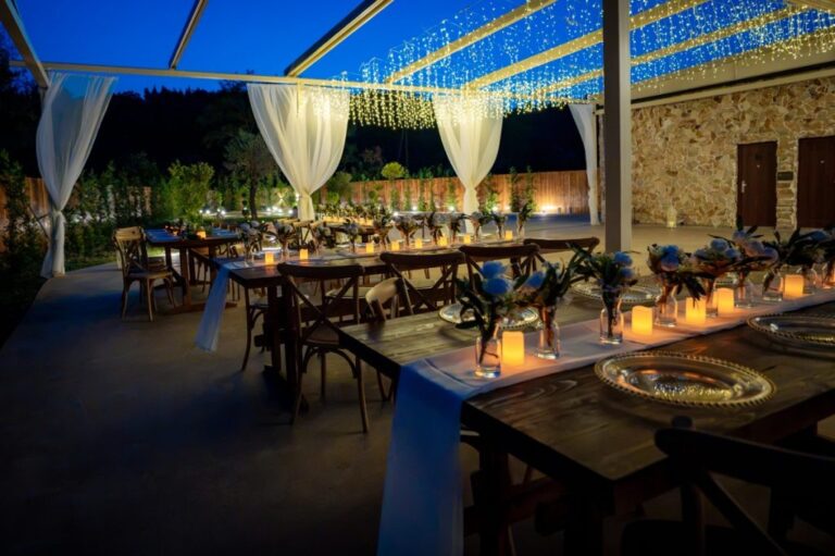 The reception pavilion at night under fairy lights, Mazal Weddings