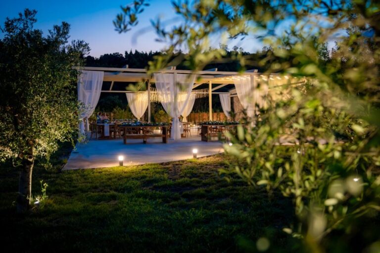 The pavilion among olive trees at dusk, Mazal Weddings