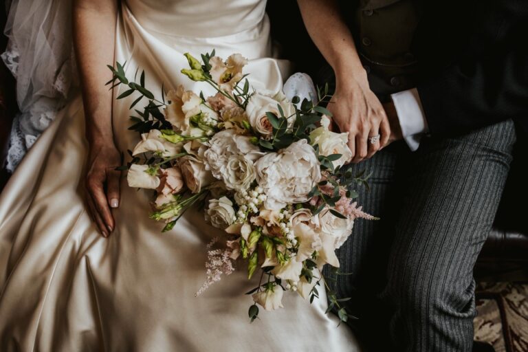 A bridal bouquet of white and blush garden rose, an intimate London city wedding, McQueens Flowers