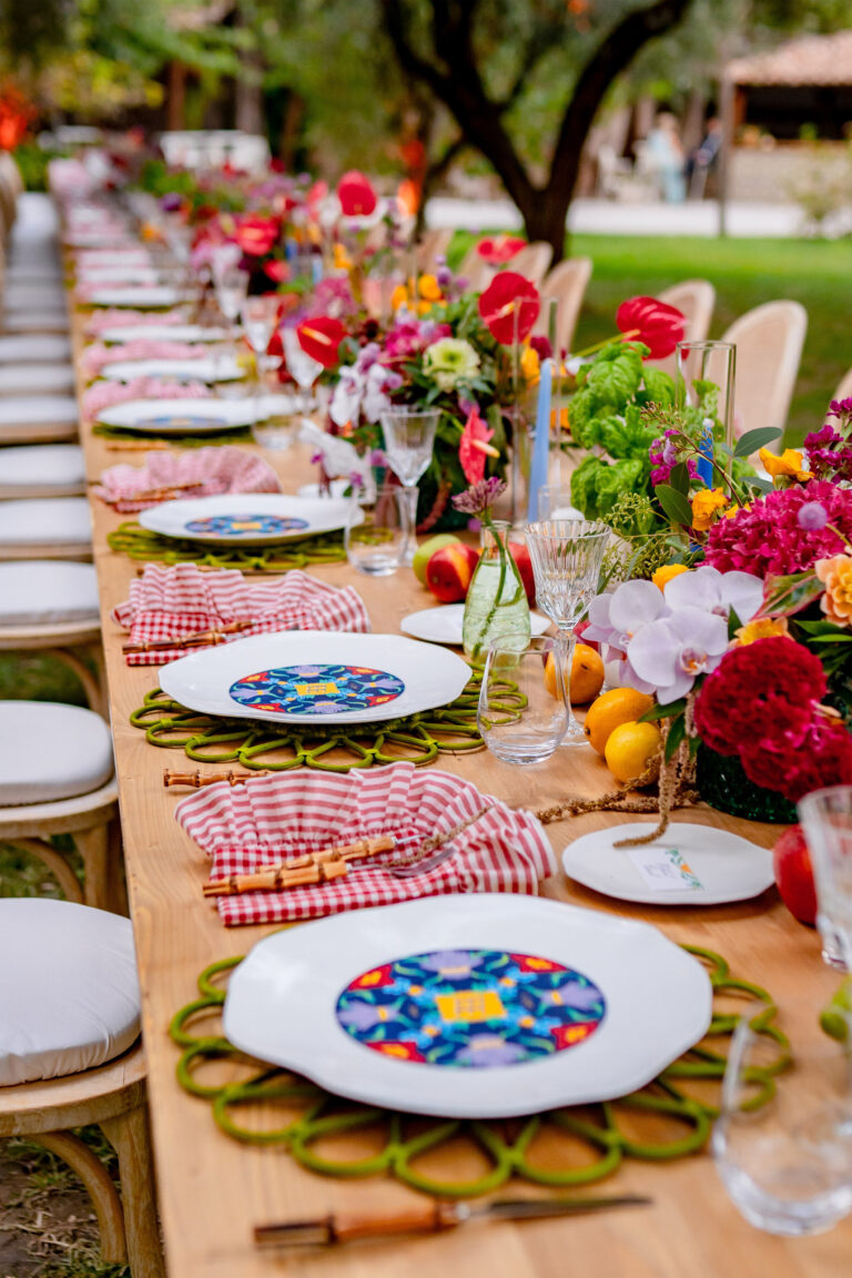 A long wooden table in a garden set with hand-painted plates, gingham napkins, fruit and red and pink flowers, Med inStyle