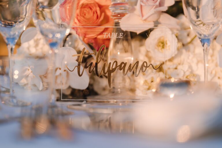 Tulipano, etched in acrylic and set into the flowers, Meissa Eventi