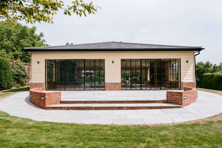 The Orangery exterior, brick and Crittall glass, Micklefield Hall