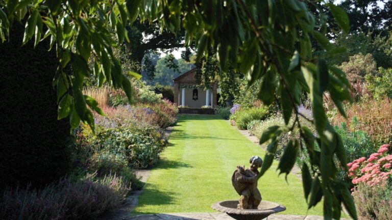 The herbaceous garden, a mown path to the fountain, Micklefield Hall