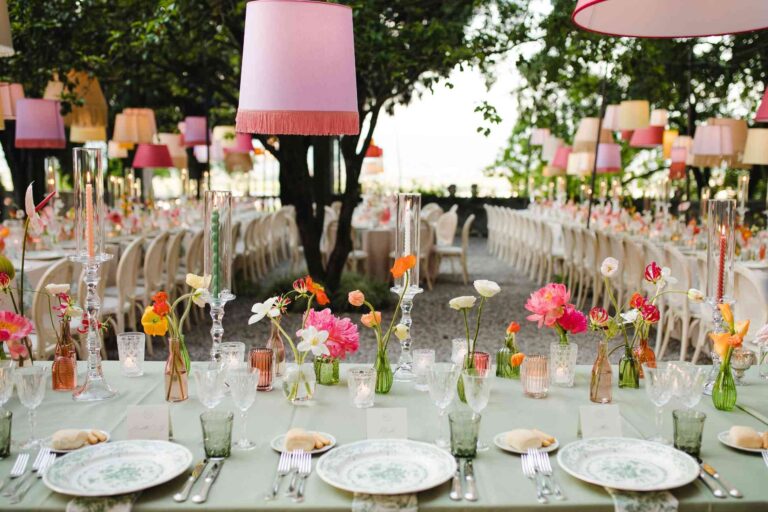 Coloured glass and painted china under coral and pink lampshades, Mirko Zago, Sparkling Weddings and Events