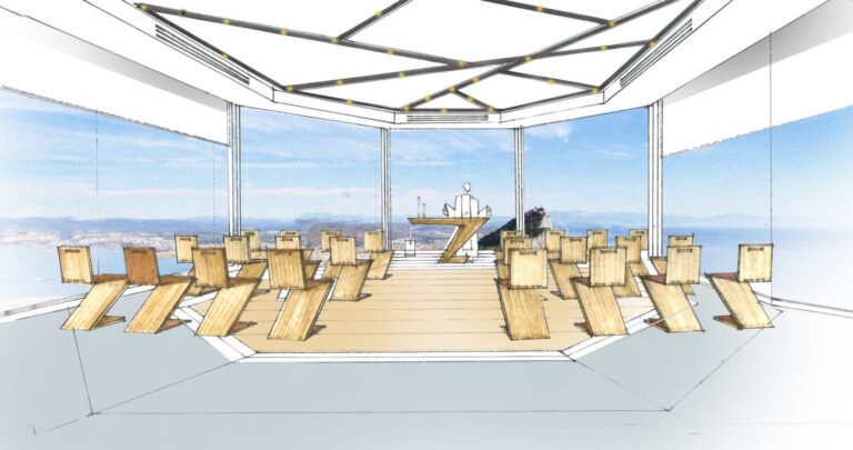 A wedding-ceremony set-up facing the floor-to-ceiling panoramic windows, Mons Calpe Suite
