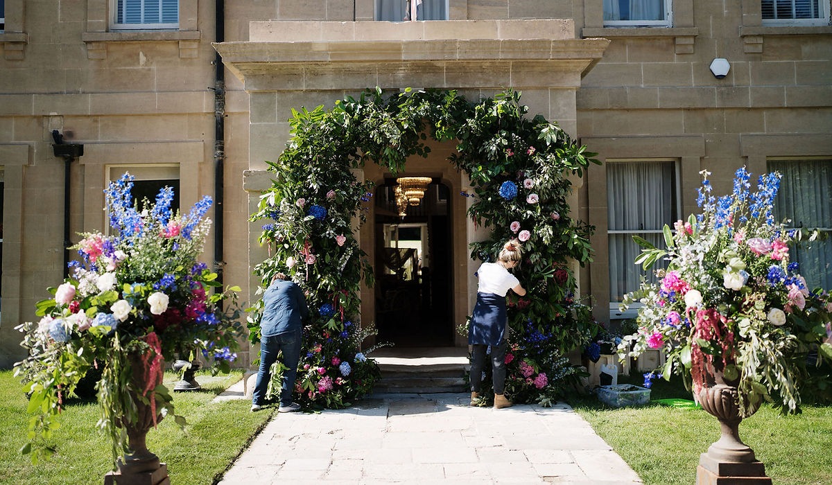 Floral arch at the main entrance of the house, Montigo Resorts Somerset at Charlton House