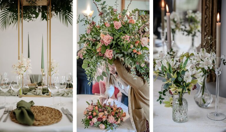 Wedding table settings with green and cream flowers and candles, Montigo Resorts Somerset at Charlton House
