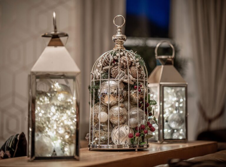 Lanterns and a decorative birdcage with fairy lights, Montigo Resorts Somerset at Charlton House
