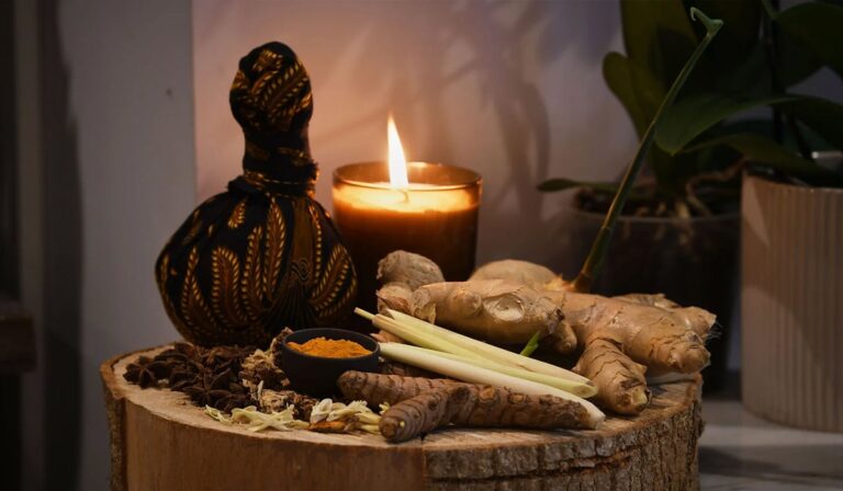Herbal compress and candle in the spa, Montigo Resorts Somerset at Charlton House