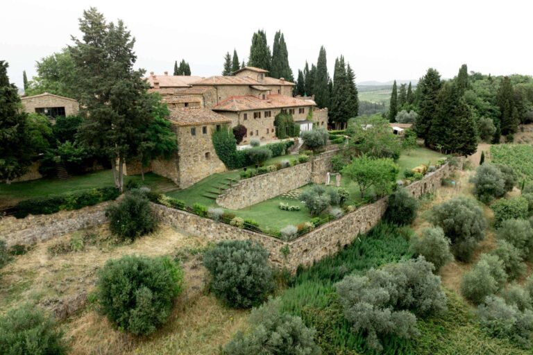 Aerial view of Quercia al Poggio, a stone estate among olives and cypresses in Tuscany, More Than Weddings