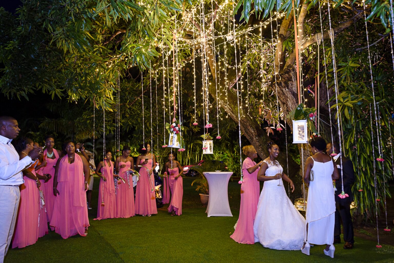 A bridal party in pink and a bride in white beneath strings of hanging lights in a garden, Myl'Evasions