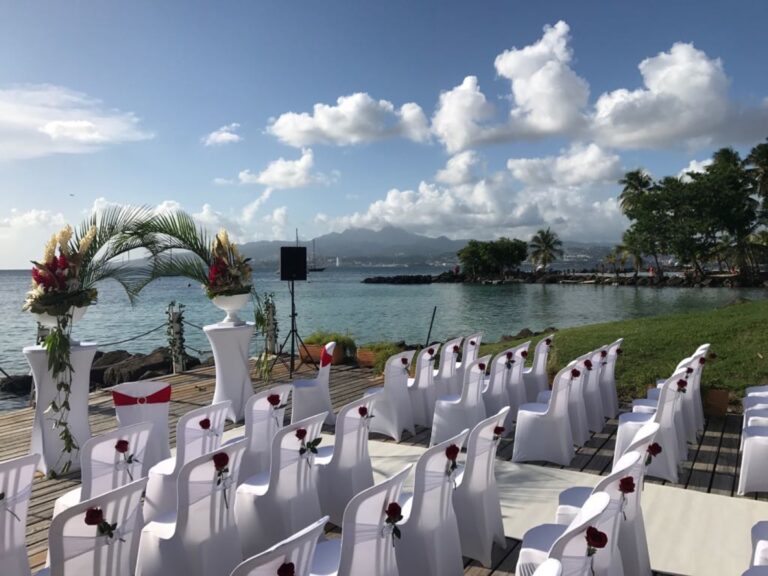 Rows of white covered chairs facing a floral arch on a seafront terrace overlooking a bay, Myl'Evasions