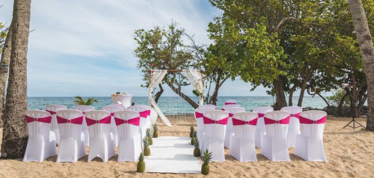 A white aisle between chairs tied with pink sashes, set out on the sand under shady trees, Myl'Evasions