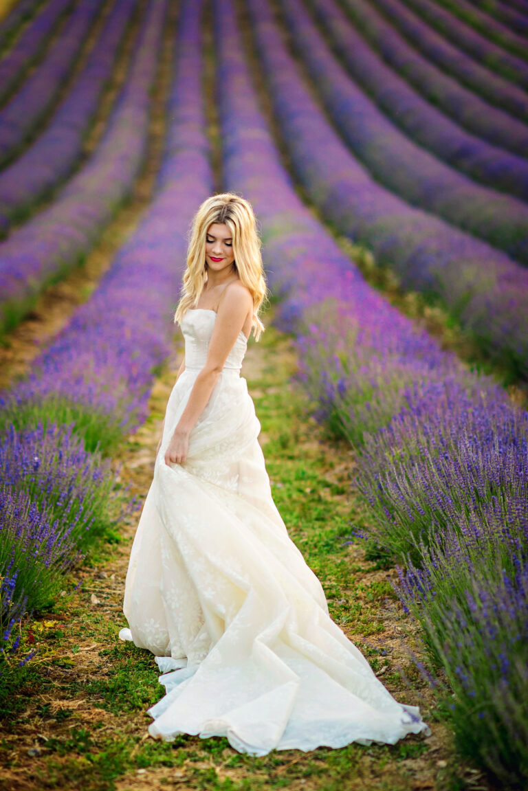A Naomi Neoh gown with a full skirt in a lavender field, Lavender Lust styled shoot