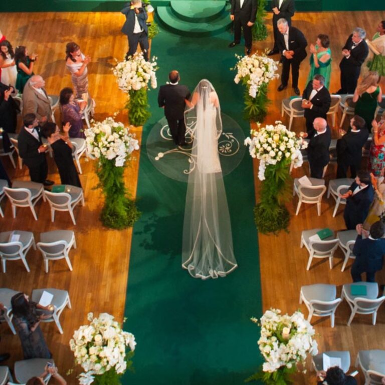 A wedding aisle seen from above with an orchestra at Banqueting House