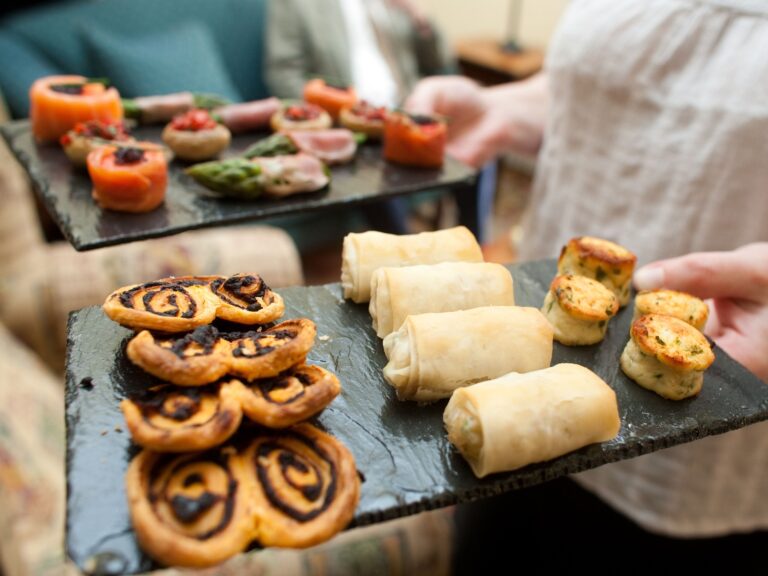 Canapés on slate boards: smoked salmon, pastry swirls and filo rolls, Northcote Manor Hotel