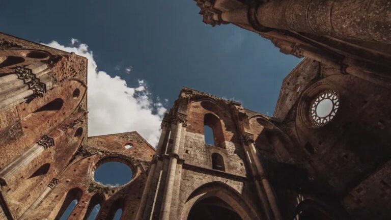 Looking up through the roofless Abbazia di San Galgano, Chiusdino, Tuscany, from Chiara and Paul's film, Nozze da film