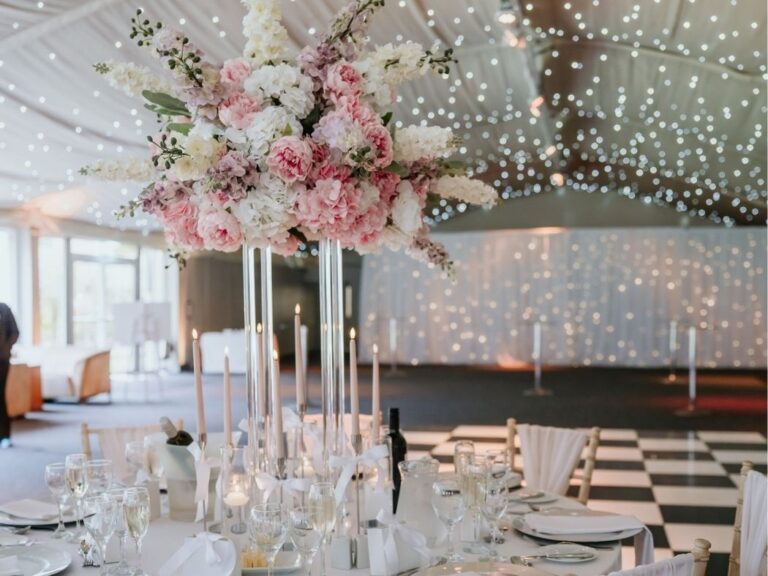 The Lakeside Marquee at Nunsmere Hall set for a wedding breakfast with starlit ceiling, Nunsmere Hall Hotel
