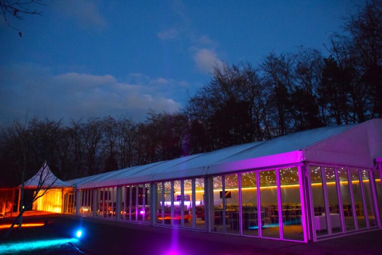 The Lakeside Marquee at Nunsmere Hall lit at night, Nunsmere Hall Hotel
