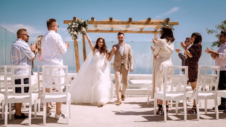 A ceremony under a wooden canopy on the beach, Nunta pe Plaja