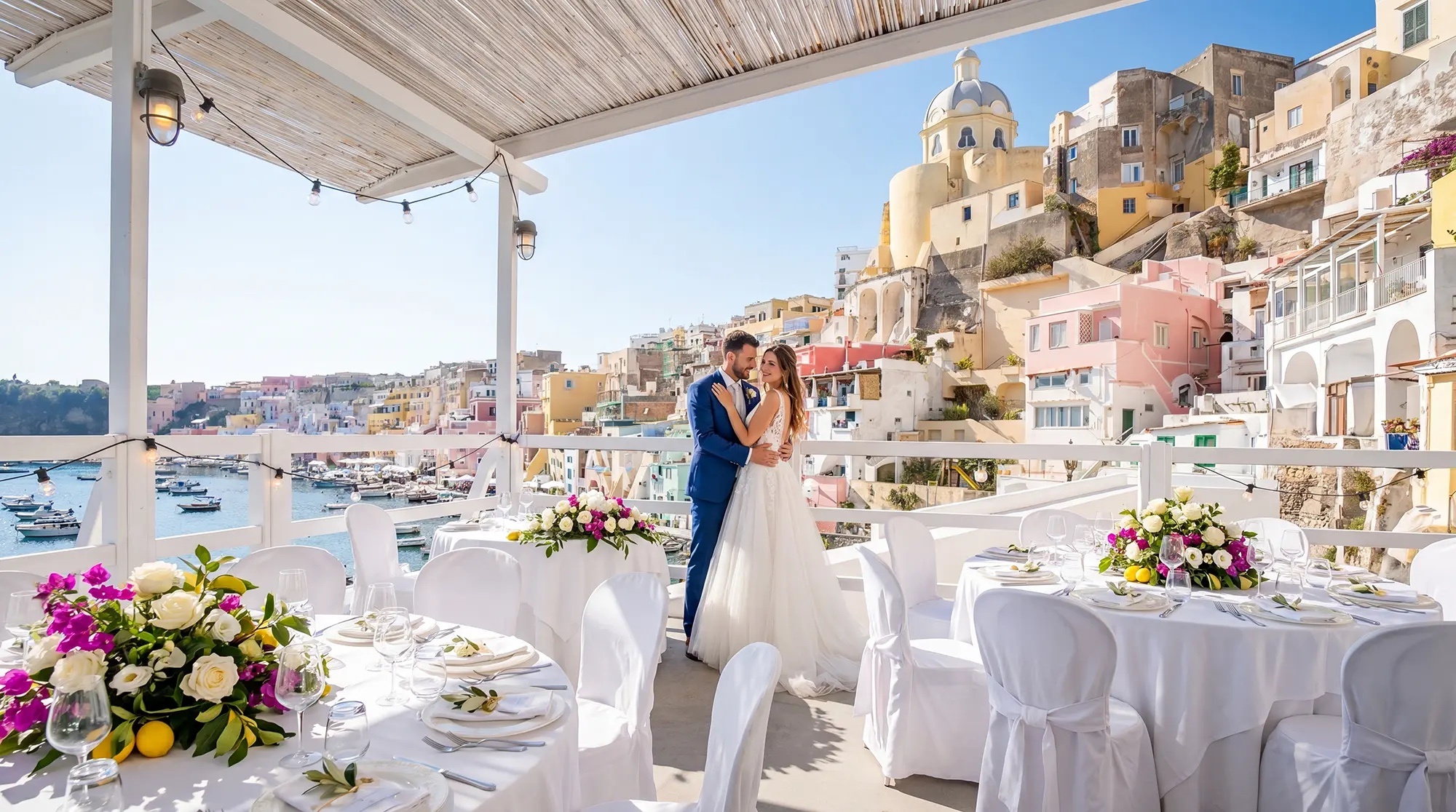 Under the canopy above Marina Corricella: white linen, lemons and pink roses, O'Sarracino Events