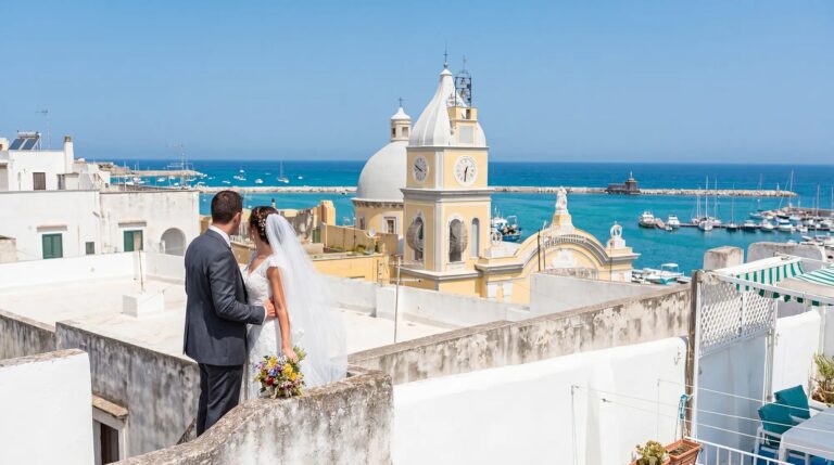 On a whitewashed rooftop, the yellow campanile and the marina behind, O'Sarracino Events