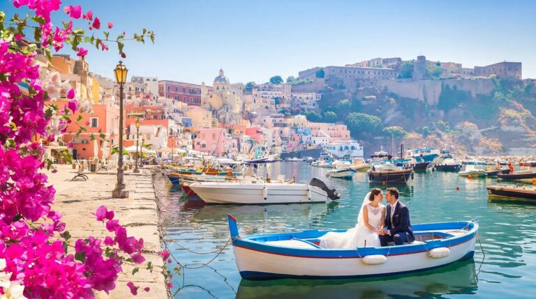In a wooden boat at the Corricella quay, bougainvillea in the foreground, O'Sarracino Events