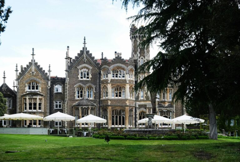 The mansion house and its tower seen from the lawn, Oakley Court Hotel, Windsor