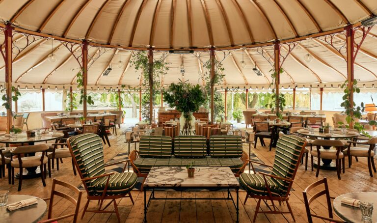The pavilion dining room at River House, with its canopied ceiling, Oakley Court Hotel, Windsor