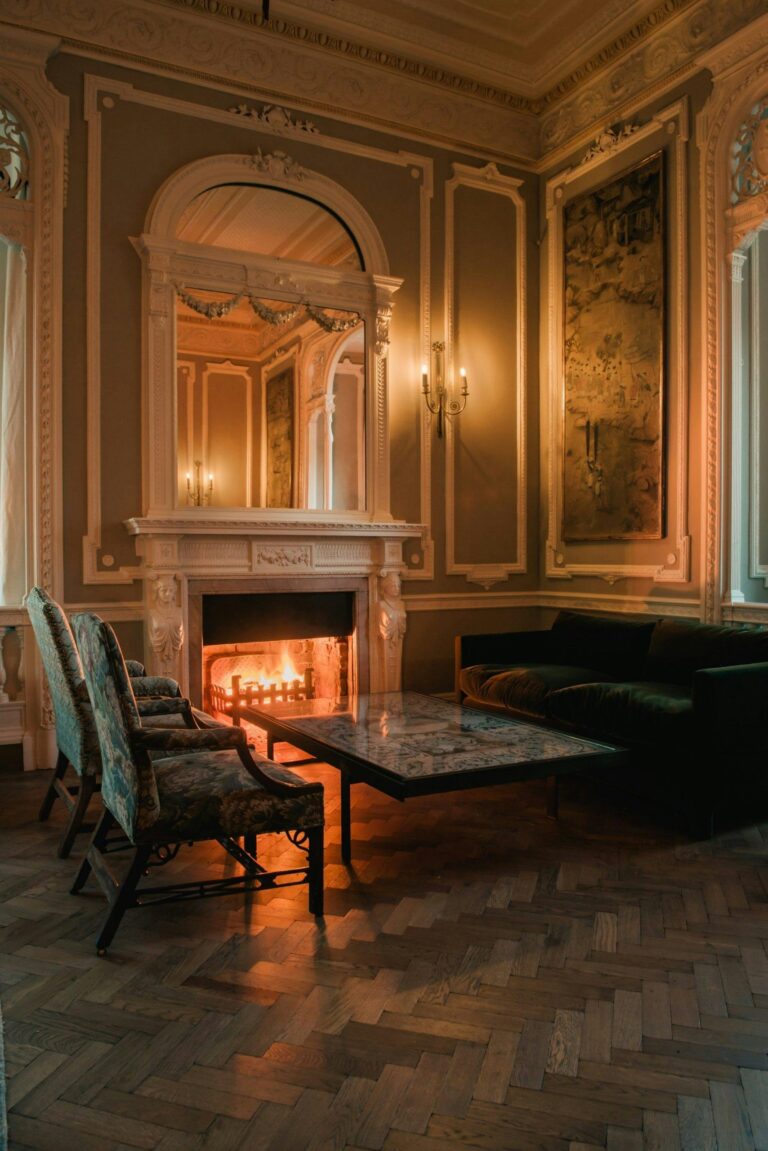 A mansion room with a fire lit in the grate, Oakley Court Hotel, Windsor