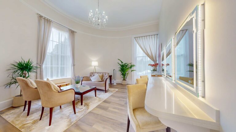 The Whitchurch Suite, the preparation room with light-up vanity mirrors and armchairs by the windows, Oakley Hall Hotel