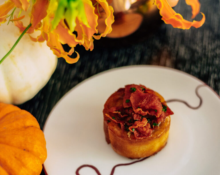 A plated autumn dish from Indigo, garnished and served on a white plate, One Aldwych